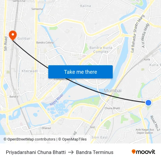 Priyadarshani Chuna Bhatti to Bandra Terminus map
