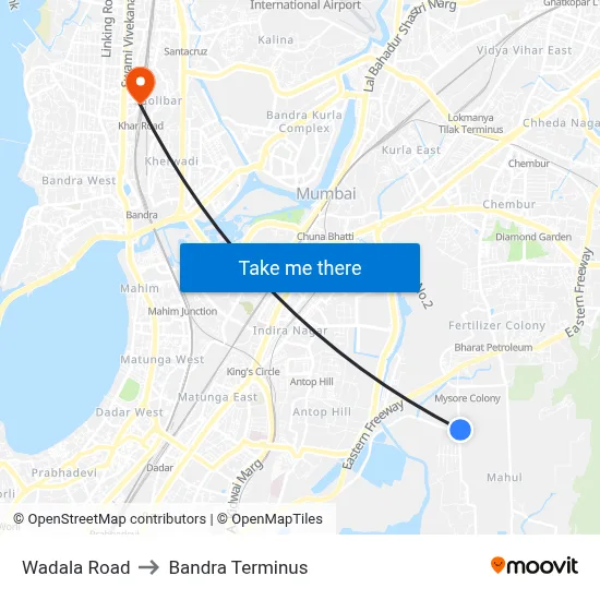 Wadala Road to Bandra Terminus map