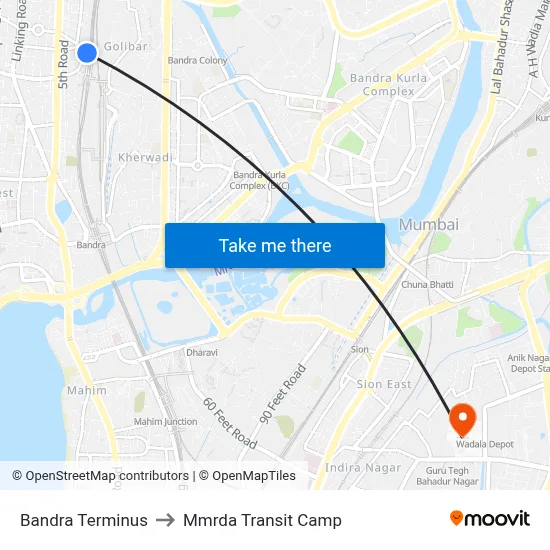 Bandra Terminus to Mmrda Transit Camp map