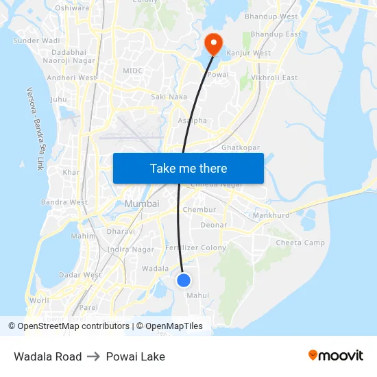 Wadala Road to Powai Lake map