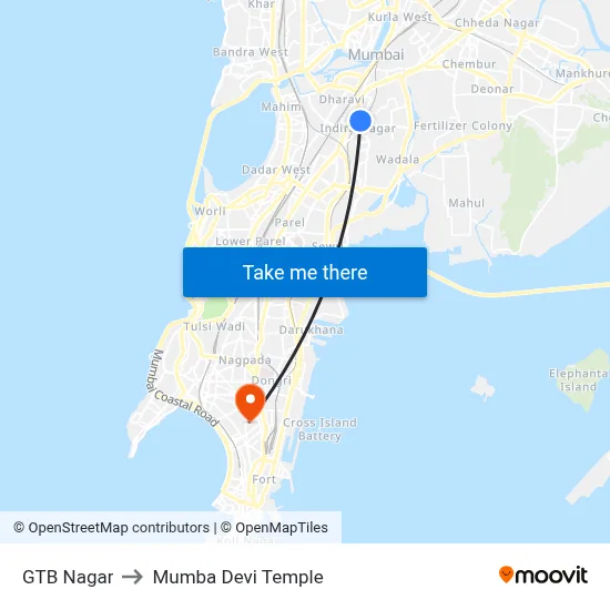 GTB Nagar to Mumba Devi Temple map