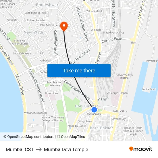 Mumbai CST to Mumba Devi Temple map