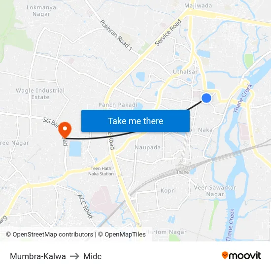 Mumbra-Kalwa to Midc map