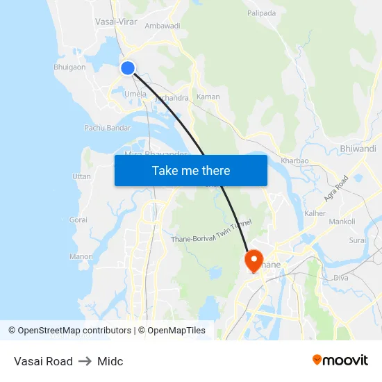 Vasai Road to Midc map