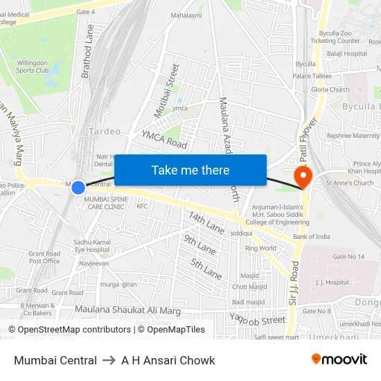 Mumbai Central to A H Ansari Chowk map