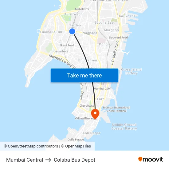 Mumbai Central to Colaba Bus Depot map