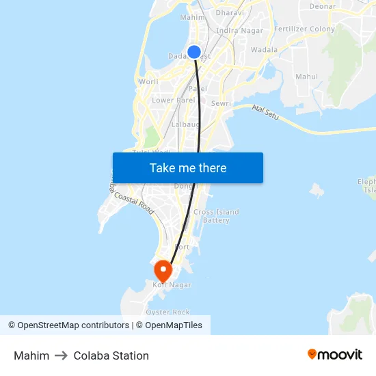 Mahim to Colaba Station map