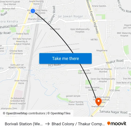 Borivali Station (West) to Bhad Colony / Thakur Complex map