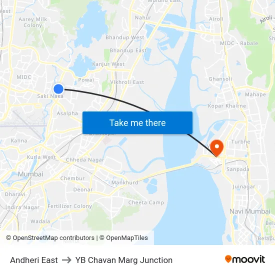 Andheri East to YB Chavan Marg Junction map