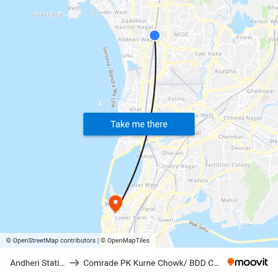 Andheri Station to Comrade PK Kurne Chowk/ BDD Chawl map