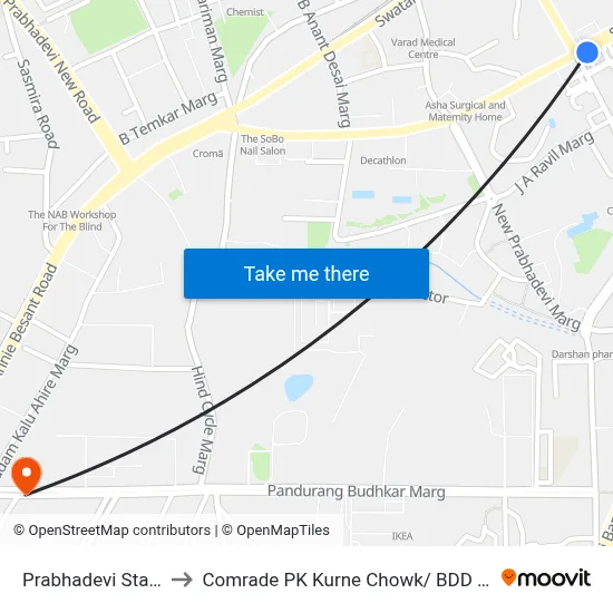 प्रभादेवी स्टेशन to Comrade PK Kurne Chowk/ BDD Chawl map
