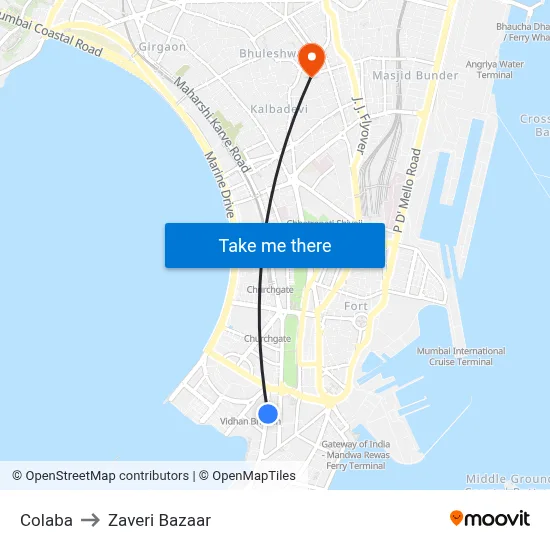 Colaba to Zaveri Bazaar map