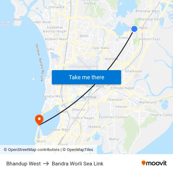Bhandup West to Bandra Worli Sea Link map