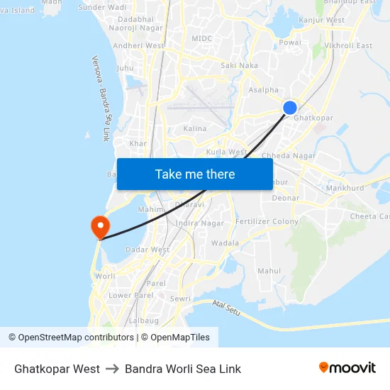 Ghatkopar West to Bandra Worli Sea Link map