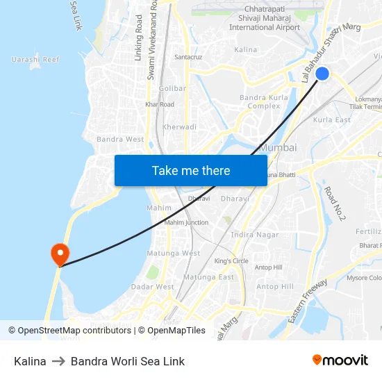 Kalina to Bandra Worli Sea Link map