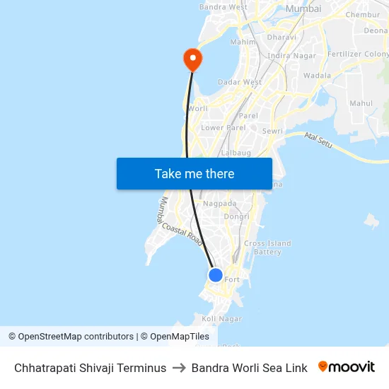 छत्रपति शिवाजी टर्मिनस to बांद्रा वर्ली सी लिंक map