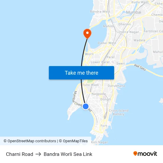 Charni Road to Bandra Worli Sea Link map