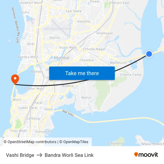 Vashi Bridge to Bandra Worli Sea Link map