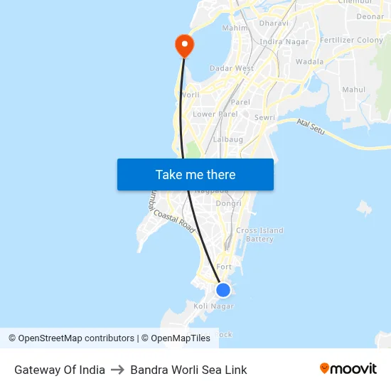 Gateway Of India to Bandra Worli Sea Link map