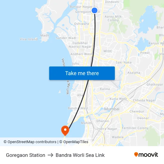 Goregaon Station to Bandra Worli Sea Link map