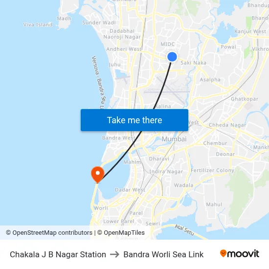 Chakala J B Nagar Station to Bandra Worli Sea Link map