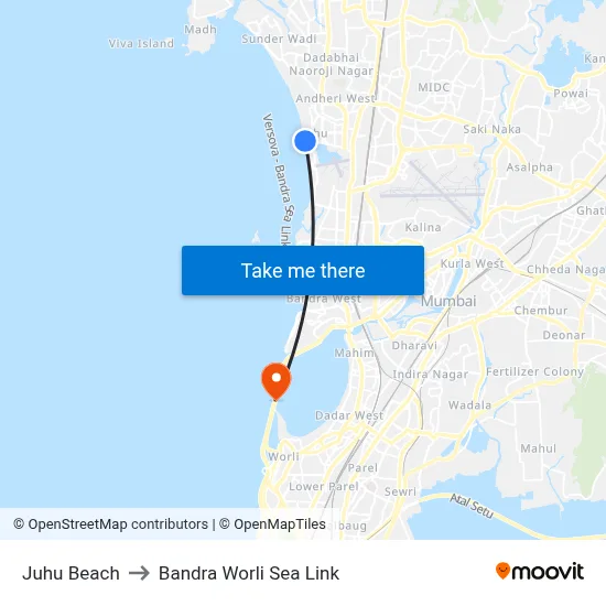 Juhu Beach to Bandra Worli Sea Link map