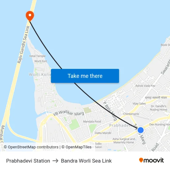 Prabhadevi Station to Bandra Worli Sea Link map