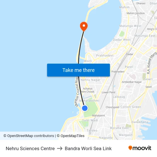 Nehru Sciences Centre to Bandra Worli Sea Link map