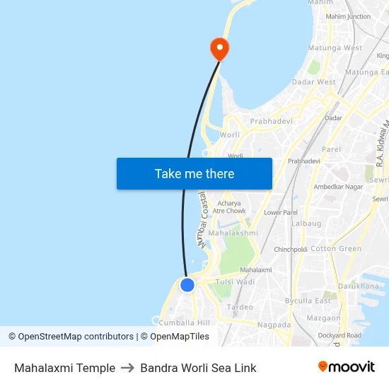 Mahalaxmi Temple to Bandra Worli Sea Link map
