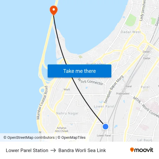 Lower Parel Station to Bandra Worli Sea Link map