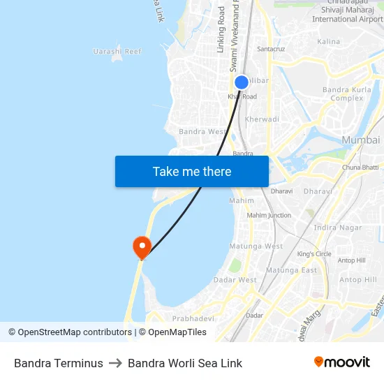 Bandra Terminus to Bandra Worli Sea Link map