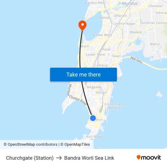 Churchgate (Station) to Bandra Worli Sea Link map