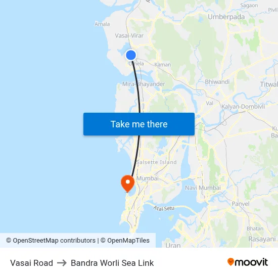 Vasai Road to Bandra Worli Sea Link map