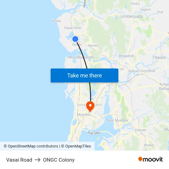 Vasai Road to ONGC Colony map