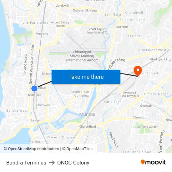 Bandra Terminus to ONGC Colony map