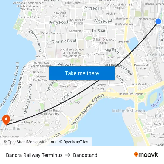 Bandra Railway Terminus to Bandstand map