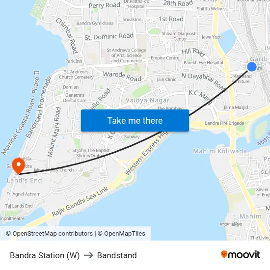 Bandra Station (W) to Bandstand map