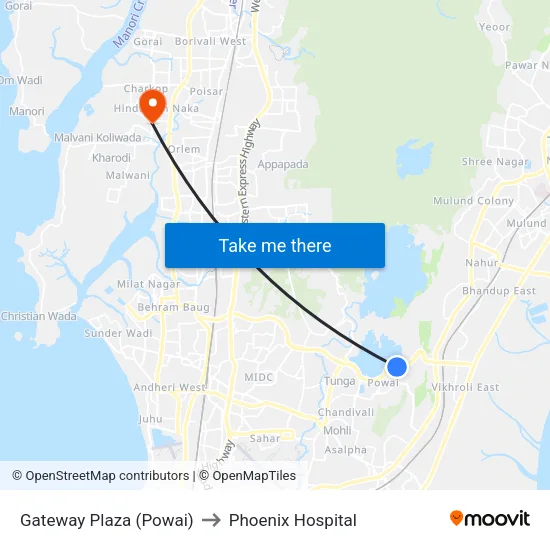 गेटवे प्लाजा (पवई) to फीनिक्स अस्पताल map