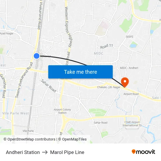 Andheri Station to Marol Pipe Line map