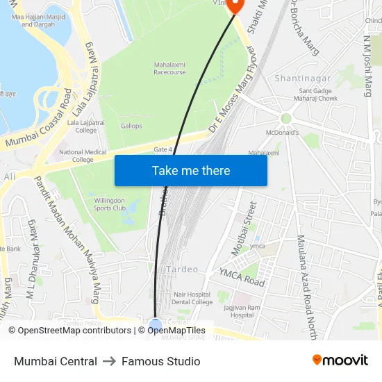 Mumbai Central to Famous Studio map