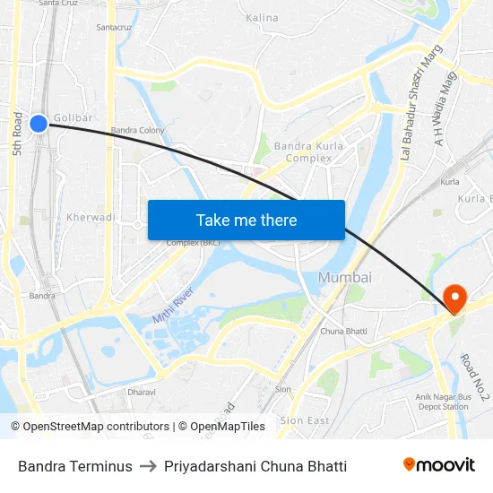 Bandra Terminus to Priyadarshani Chuna Bhatti map