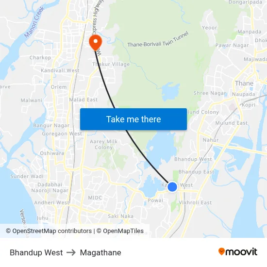 Bhandup West to Magathane map
