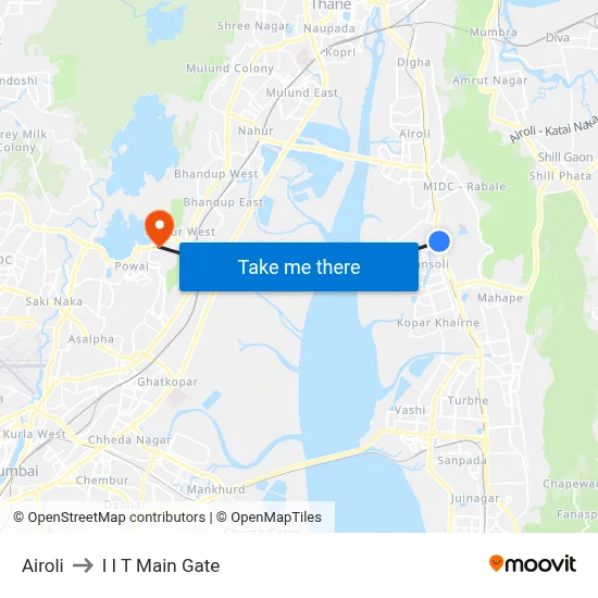 Airoli to I I T Main Gate map