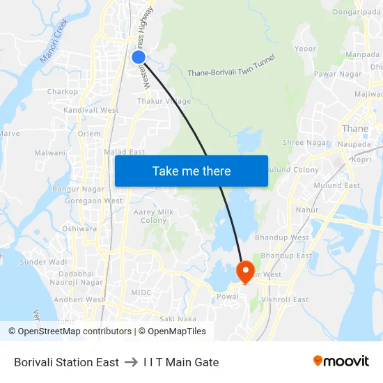 Borivali Station East to I I T Main Gate map