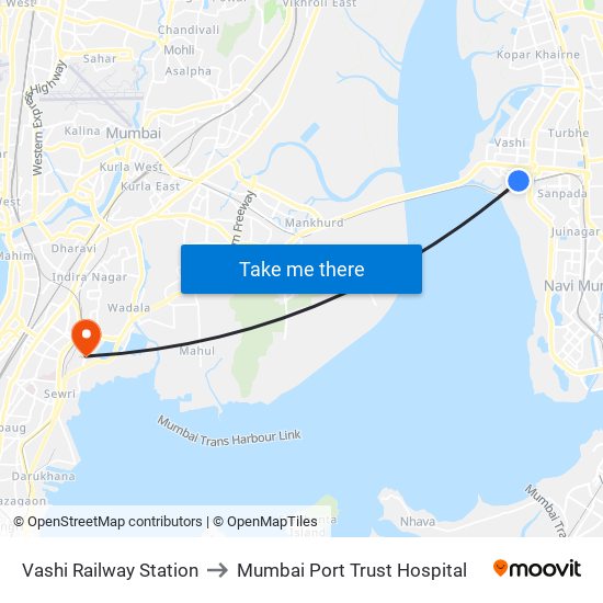 Vashi Railway Station to Mumbai Port Trust Hospital map