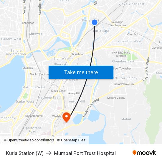 Kurla Station (W) to Mumbai Port Trust Hospital map