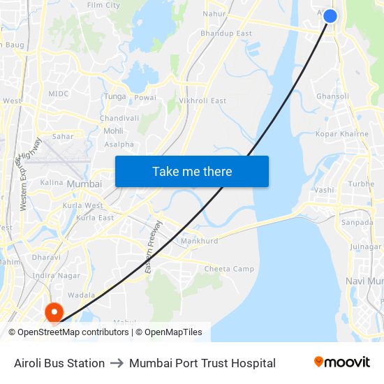 Airoli Bus Station to Mumbai Port Trust Hospital map