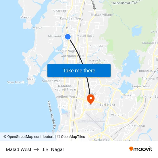 Malad West to J.B. Nagar map