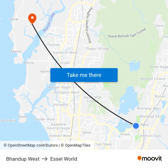 Bhandup West to Essel World map