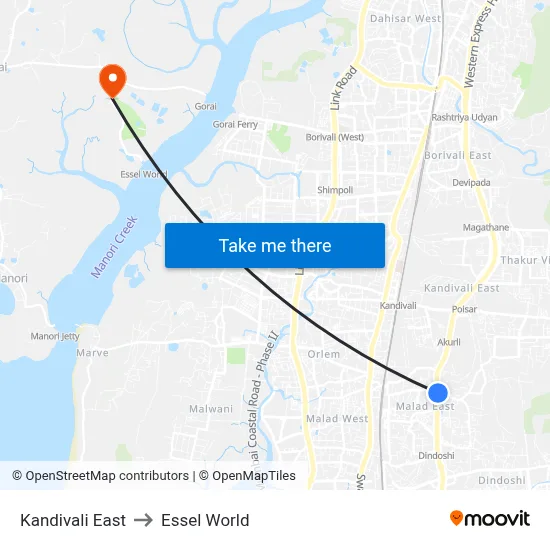 Kandivali East to Essel World map